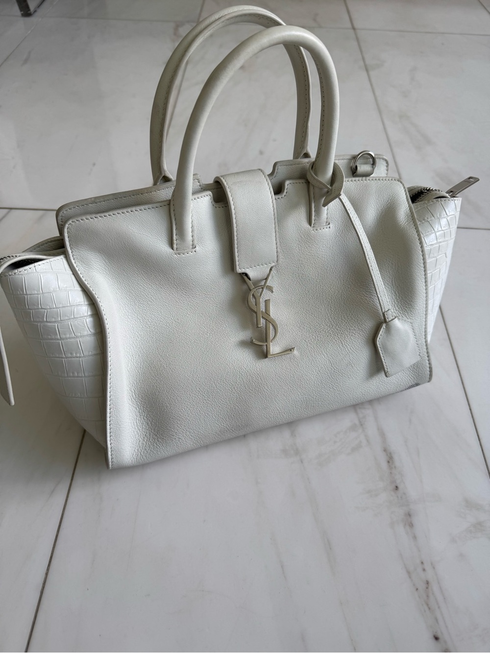 Yves Saint Laurent White Leather Tote with Croc-Textured Sides